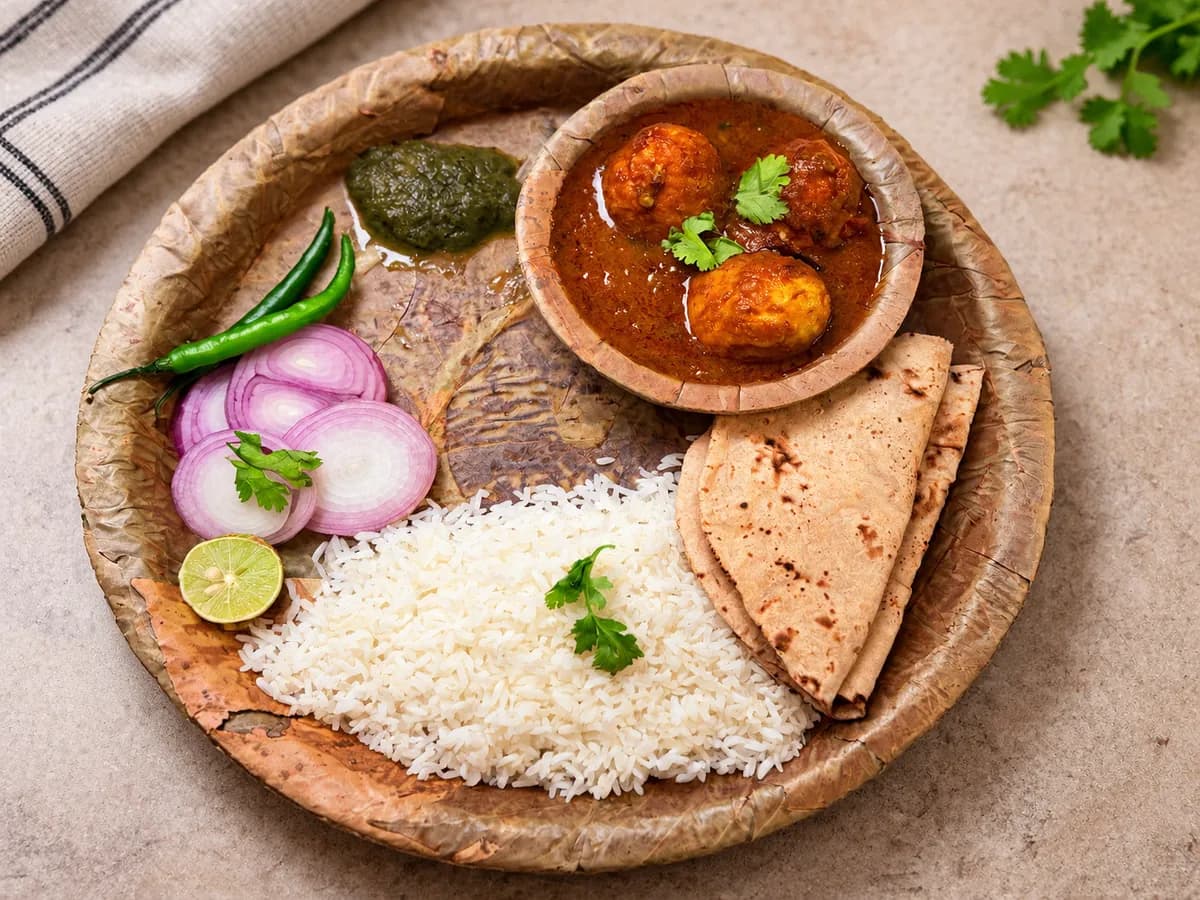 Pattal Egg Curry with rotis, rice, onion and green chutney on a leaf pattal